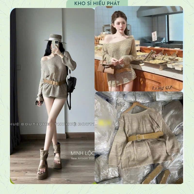 Tặng Đai - Hàng QC Váy Len Lưới Nâu Lệch Vai Tôn Dáng Xinh Dành Cho Nữ - by HP