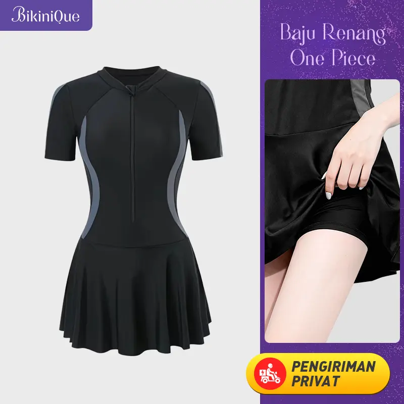BikiniQue Baju Renang Wanita Anti-Sinar Matahari Gaya Korea One Piece dengan Warna Campuran & Desain Tingkat Tinggi untuk Olahraga