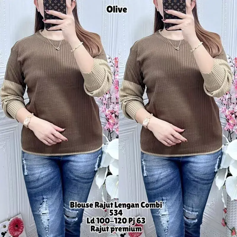 SILVA Blouse Rajut Lengan Combi baju sweater salur tangan combi Knitwear Wanita Panjang Top Nyaman Atasan 1