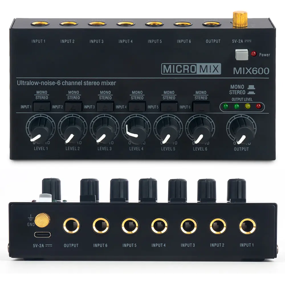 6 Channels Audio Stereo Mixer Ultra Low Noise Portable Sound Mixer Line Stereo Mixer Professional Microphone Mixer for Recording Electric Guitar Studio Live PC