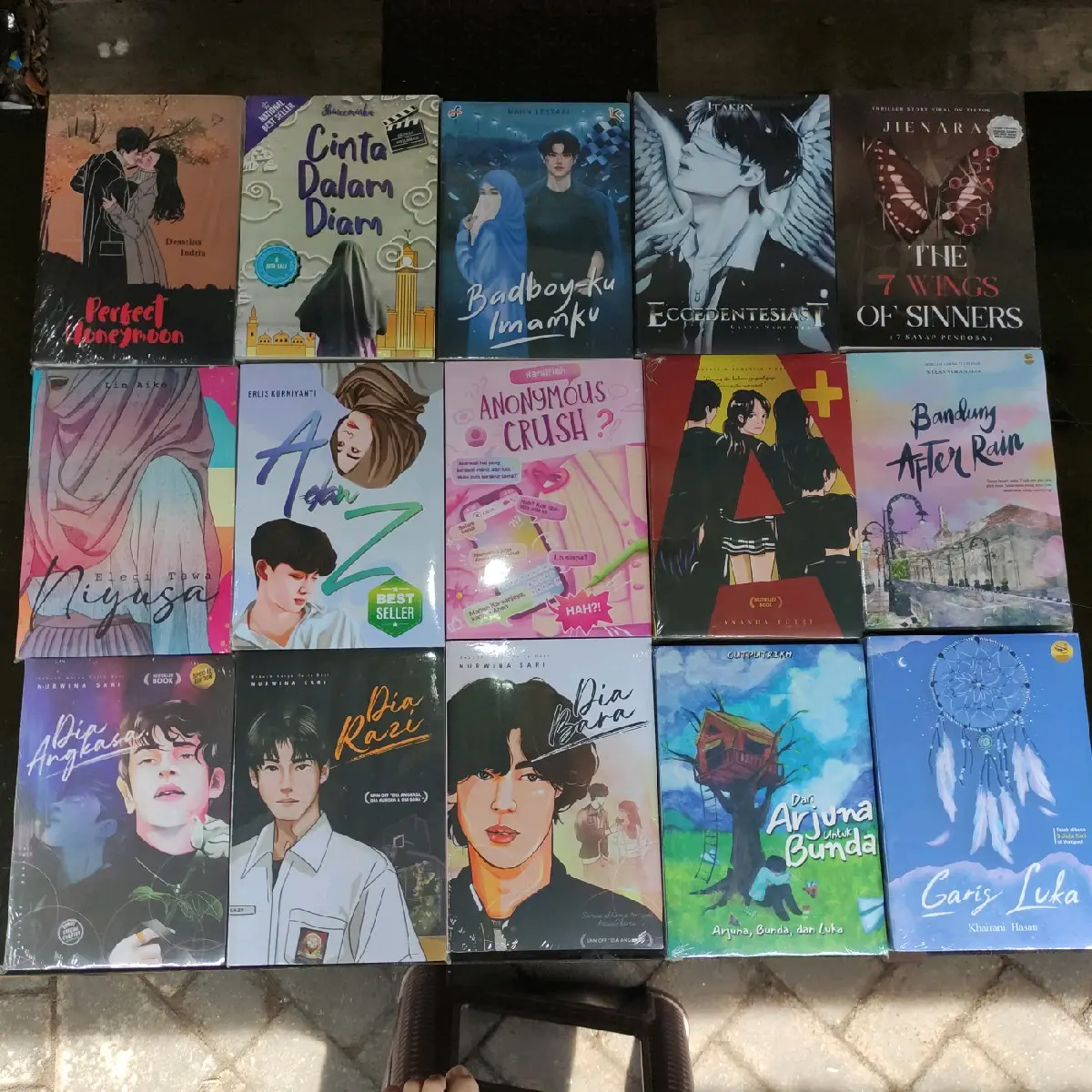 Buku Perfect honeymoon : Cinta Dalam Diam : Badboyku Imamku : Eccedentesiast : 7 wings Of Sinners : Elegi Tawa Niyusa : A Dan Z : Anonymous Crush : A+ : Bandung After Rain : Dia Angkasa : Dia Razi : Dia Bara : Dari Arjuna : Garis Luka