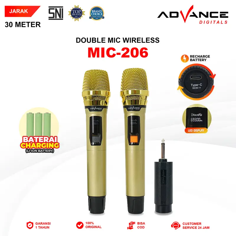 【COD】Advance MIC-206 Double Mic Wireless Recharger Bisa digunakan untuk Souncard/Speaker Garansi Resmi 1 Tahun Gold Microphone 2