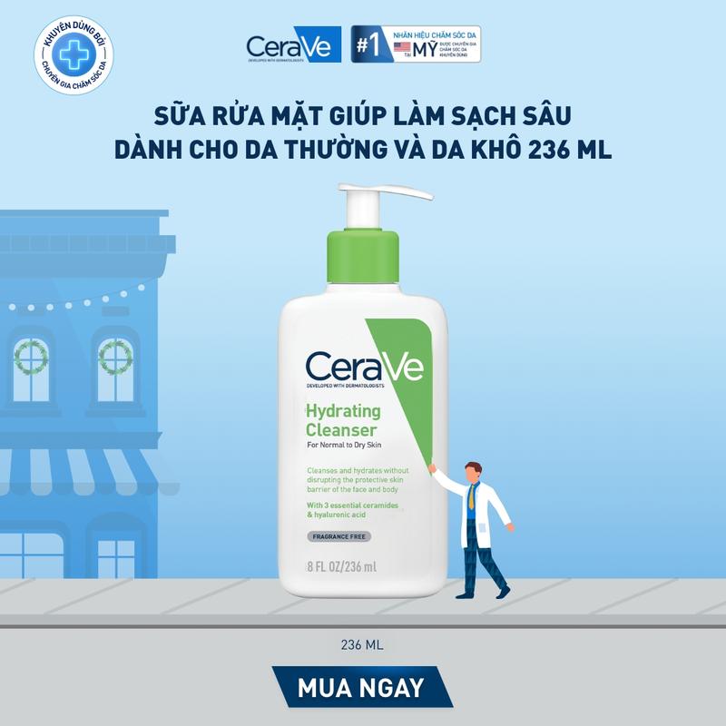   FlashSale  Sữa rửa mặt giúp làm sạch sâu dành cho da thường và da khô Cerave Hydrating Cleanser 236ML dạng gel không tạo bọt làm sạch sâu dịu nhẹ và cung cấp độ ẩm cho da. Chăm sóc da_Sữa rửa mặt_Skincare cho Nam và Nữ_Cleansing 