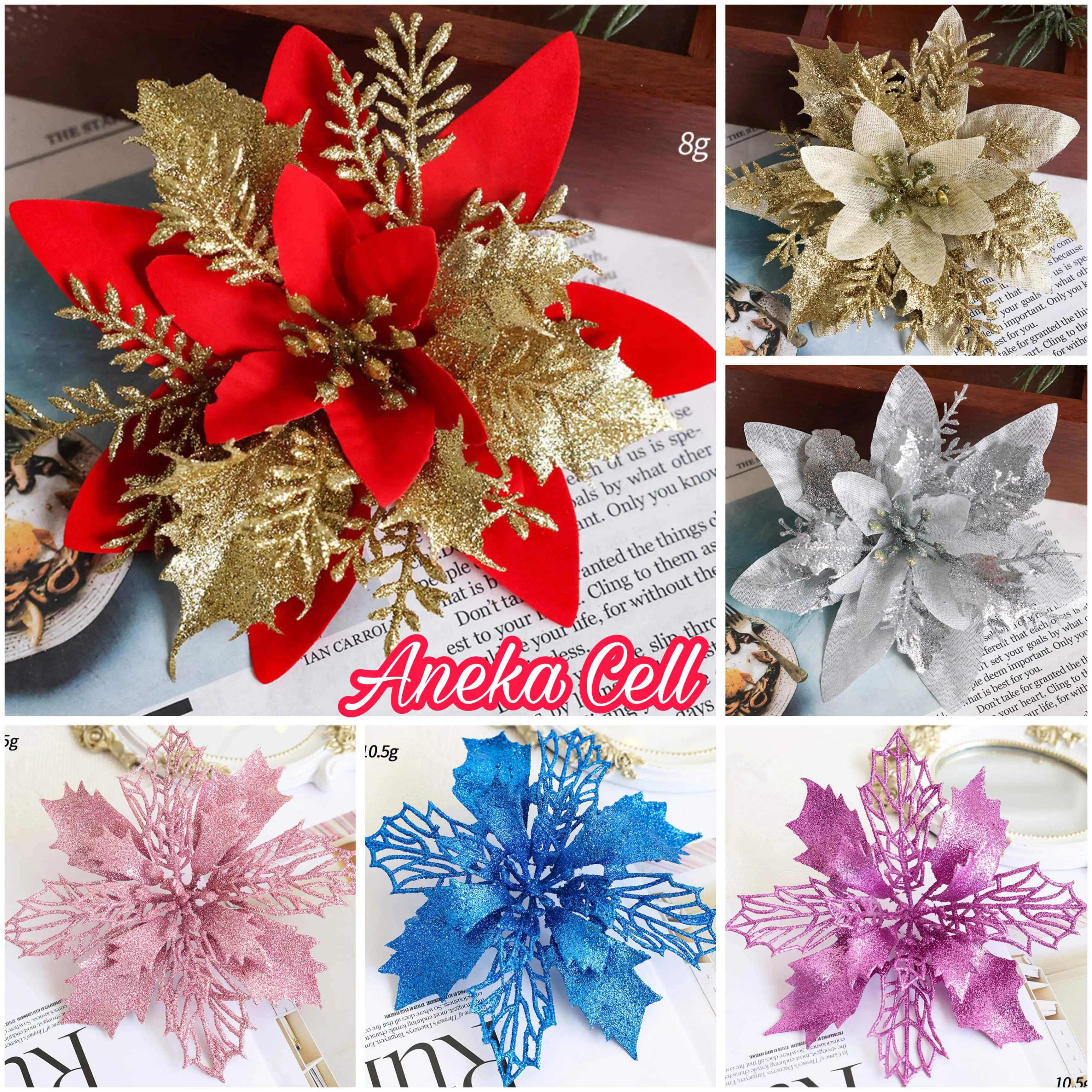 Hiasan Bunga Kastuba Poinsettia Glitter Artificial Gantungan Hiasan Dekorasi Ornamen Pohon Natal Christmas 23cm 16cm 11cm