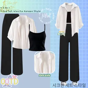 Outfit One Set Tampil Atasan Kemeja Blouse Trendi Tangtop Tali Kecil Nyaman Serasi Celana Scuba Hitam CS013 Bahan Berkualitas Baju Setelan Panjang Katun Bawahan Kulot Remaja Casual Kerja Kancing Tangan Karet Lembut Standar Rib Kombinasi Kantong Variasi