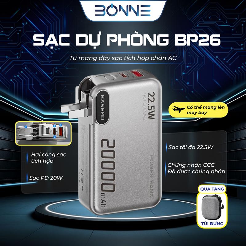( Tặng Túi Đựng ) Sạc Dự Phòng BP26 Chính Hãng By Bonne TECHNOLOGIQUE, Sạc Dự Phòng Tích Hợp Chân Sạc AC, Tự Mang Hai Dây Sạc Cho iPhone Và Android, Có Tiêu Chuẩn AC, Bảo Hành Chính Hãng 12 Tháng