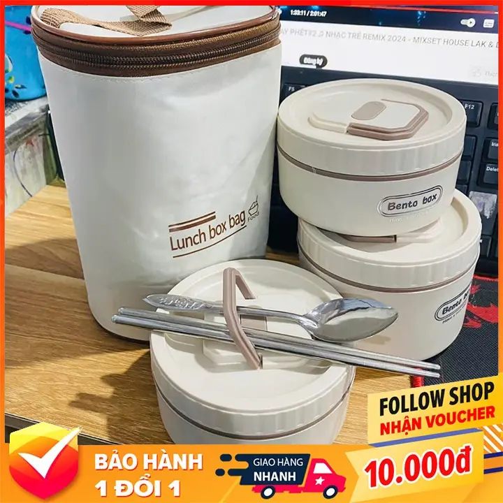 Hộp Cơm Giữ Nhiệt 3 Tầng Inox Văn Phòng, Hộp Đựng Cơm Cách Nhiệt Hâm Nóng Thức Ăn Tặng Kèm Túi Giữ Nhiệt Và Đũa Thìa