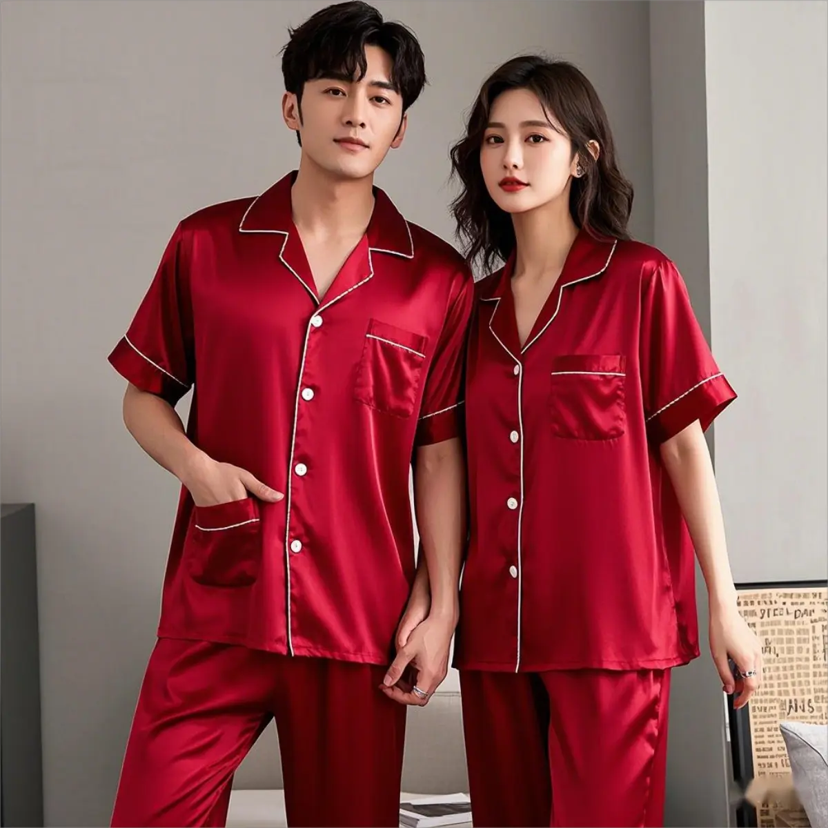 Red Pajama Terno Silk Loungewear Lapel Suit Button Sleepwear Lingerie Womenswear Lady Homewear Comfortable Nightwear Pajamas For Woman