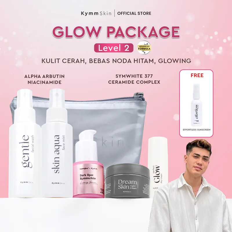 [AISAR KHALED] [Free Pouch] [Effo Sunscreen 10ml] KYMM SKIN Glow Package Level 2 [Aqua FW 100ml, Gentle FM 100ml, Day & Night Cream 10gr, Symwhite Serum 20ml] Perawatan Facial Noda Hitam Bekas Jerawat Pencerah Pelembab Mencerahkan Wajah Kusam 0