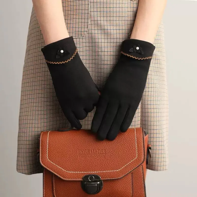 Sarung tangan motor wanita touchscreen bahan bludru korean style (Stg bunga tmpl)