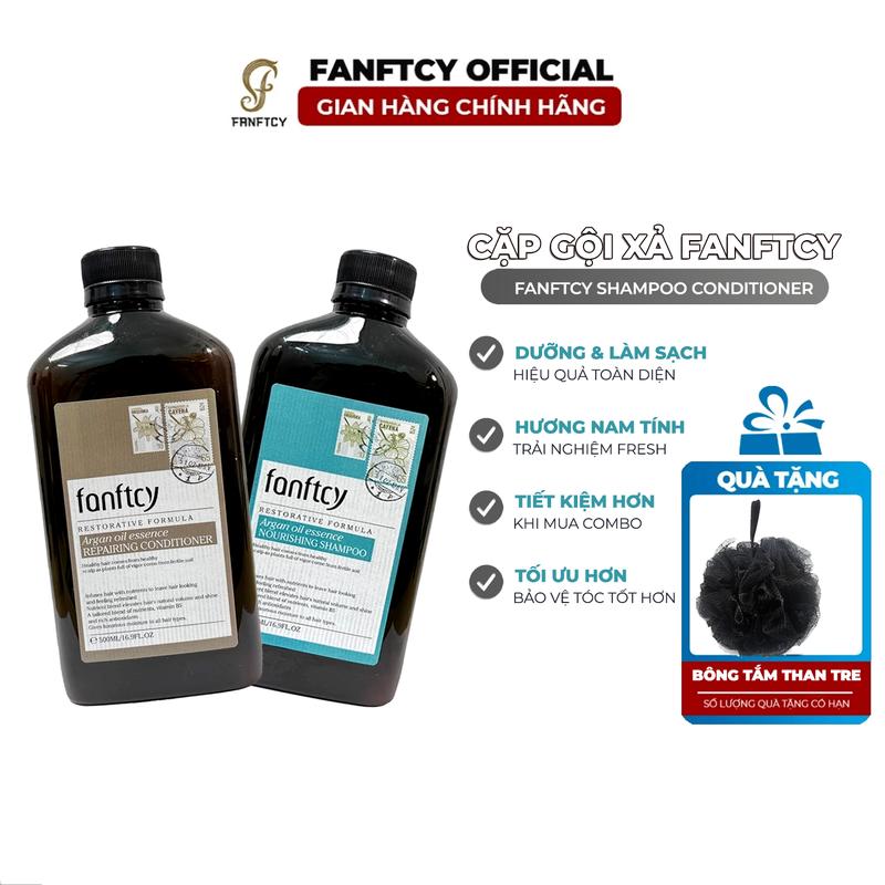 Cặp Dầu Gội Xả FANFTCY 500ml Argan Oil cho tóc uốn nhuộm Hỗ trợ Giảm Gãy Rụng Phục Hồi Tóc Hư Tổn + Tặng bông tắm than tre