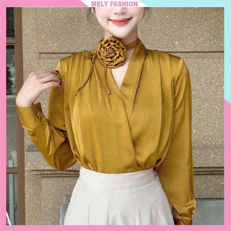 Áo sơ mi nữ dài tay công sở Mely Fashion dáng suông thụng cổ V chất lụa ngọc trai cầu vai kèm hoa sang trọng ASM51