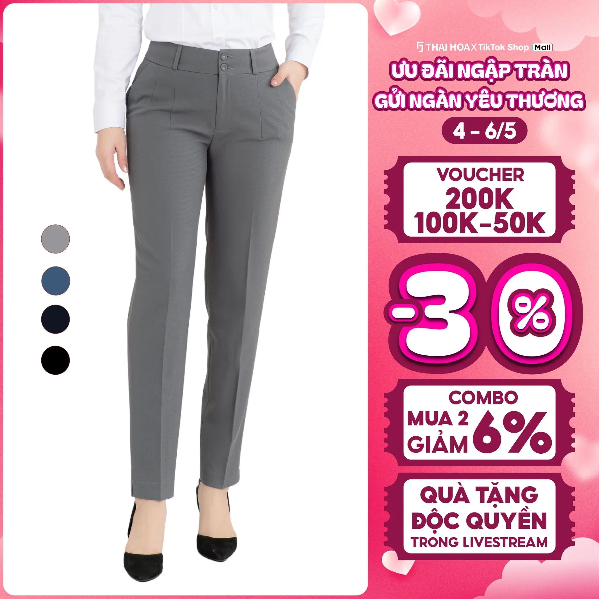 Quần tây R03 ống đứng 2 ly 2 cúc, cạp cao trung ngang rốn, form nhỏ Thái Hòa QAW2016-R03 (50% poly spun, 50% cotton) Nữ Pants