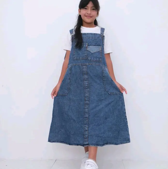 Overall Dress Jeans Anak Fashion Perempuan Baju Jumsuit Usia 7-10 Tahun 3