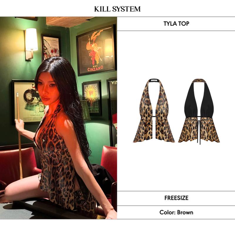  KILLSYSTEM- Áo yếm da beo kim sa lấp lánh Tyla hở lưng cột dây sexy 