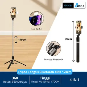Tripod Tongsis Bluetooth 1.7 Meter Selfie Stick 4 in 1 170cm R1S-L Portable 360 derajat Lampu Remote