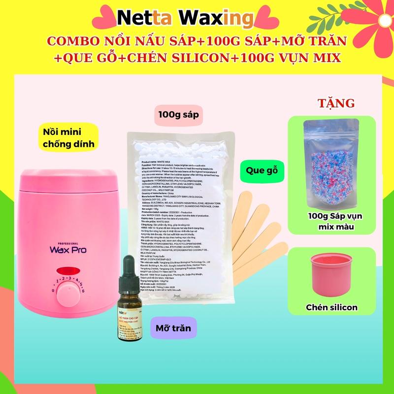 TẶNG 100G SÁP+CHÉN Combo Sáp wax lông NETTA WAXING gồm Nồi Máy nấu sáp 200ML+100g sáp wax+Mỡ trăn+7 Que gỗ Waxing- Wax nách râu nam bikini wax tay Cạo Râu