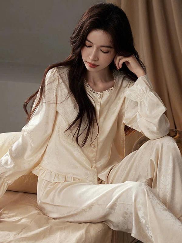 N319- Pijama dài tay lụa gấm cúc ngọc cho nữ- Bộ ngủ mặc nhà hàng quảng châu cao cấp cho nữ (women)