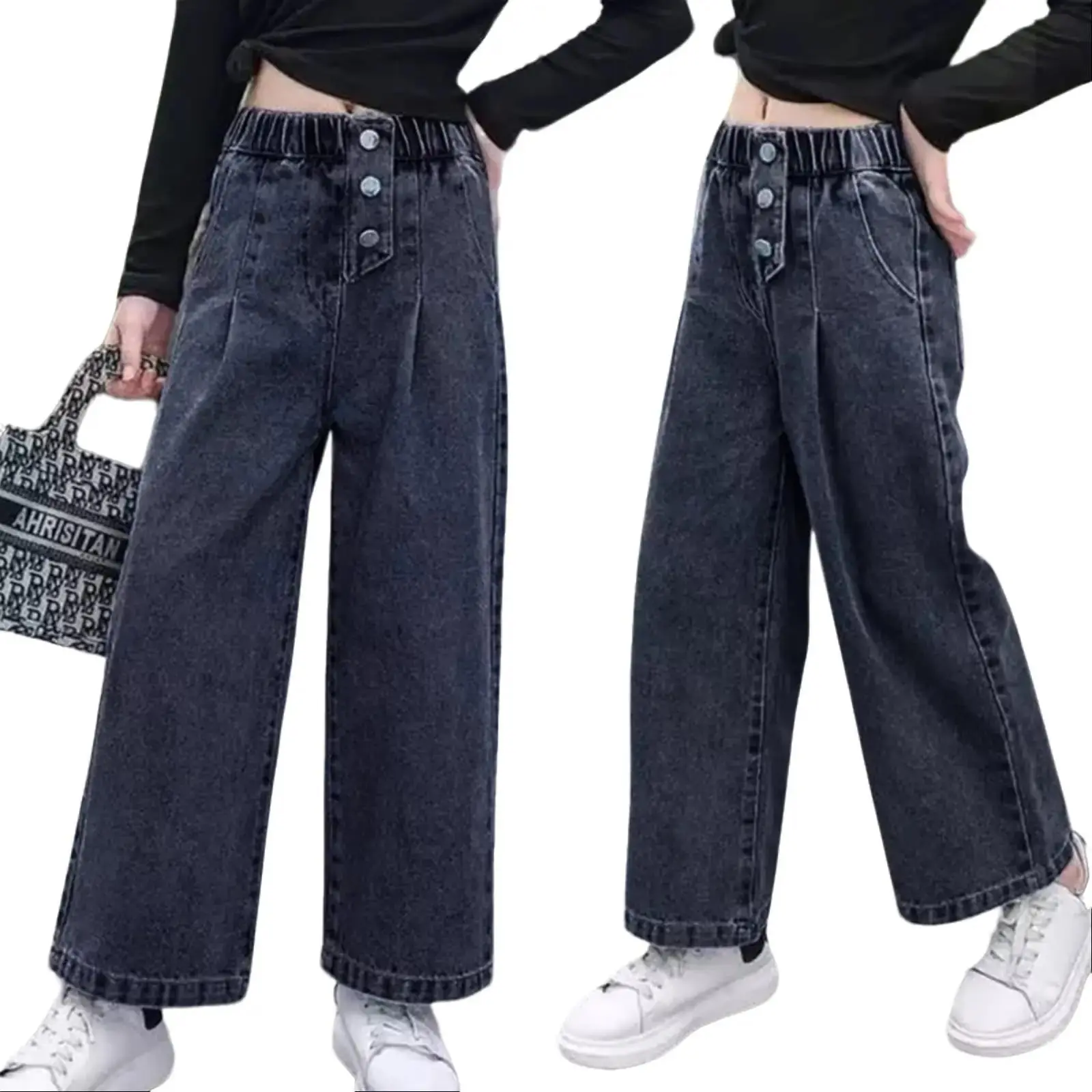 CELANA JEANS KULOT ANAK 6-11 TAHUN Polos Fashion Kancing Pas Bottoms 11-12 tahun snowblack bawahan