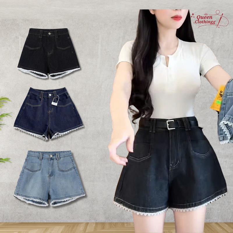 J-226 Quần short jean nữ phối ren trắng xinh xắn Quần bò nữ ống rộng lên from chuẩn