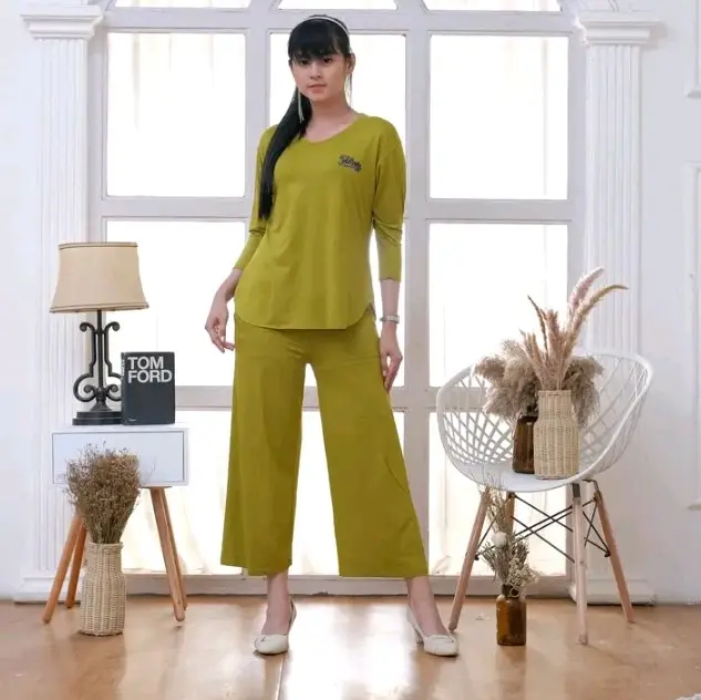 setelan kaos wanita setcel spandek premium lengan 7/8 one set murah terbaru atasan baju oversize belah samping celana panjang dewasa jalan soft pink baju wanita 1