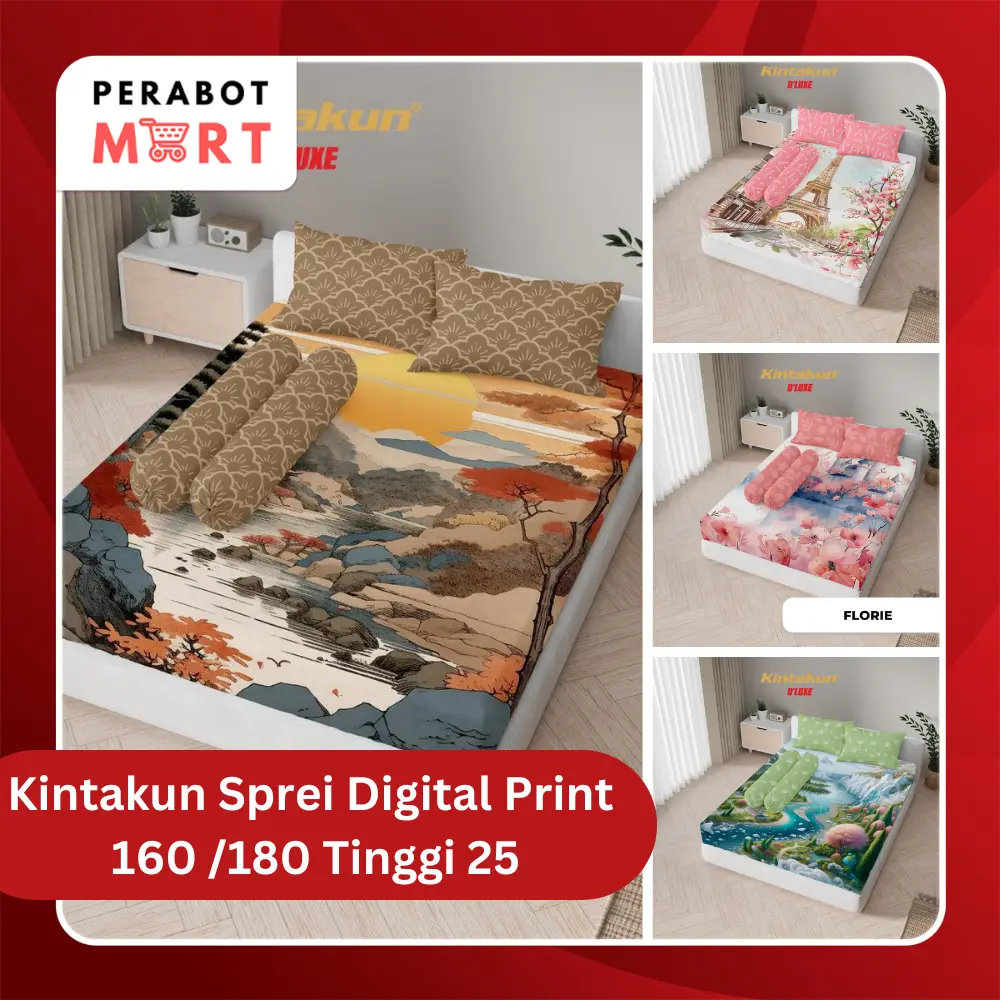 Kintakun Dluxe Sprei Set  Digital Printing Motif Lebih Nyata Ukuran 120 x 200 / 160 x 200 / 180 x 200 Tinggi 25 cm Anti Geser Extra Karet