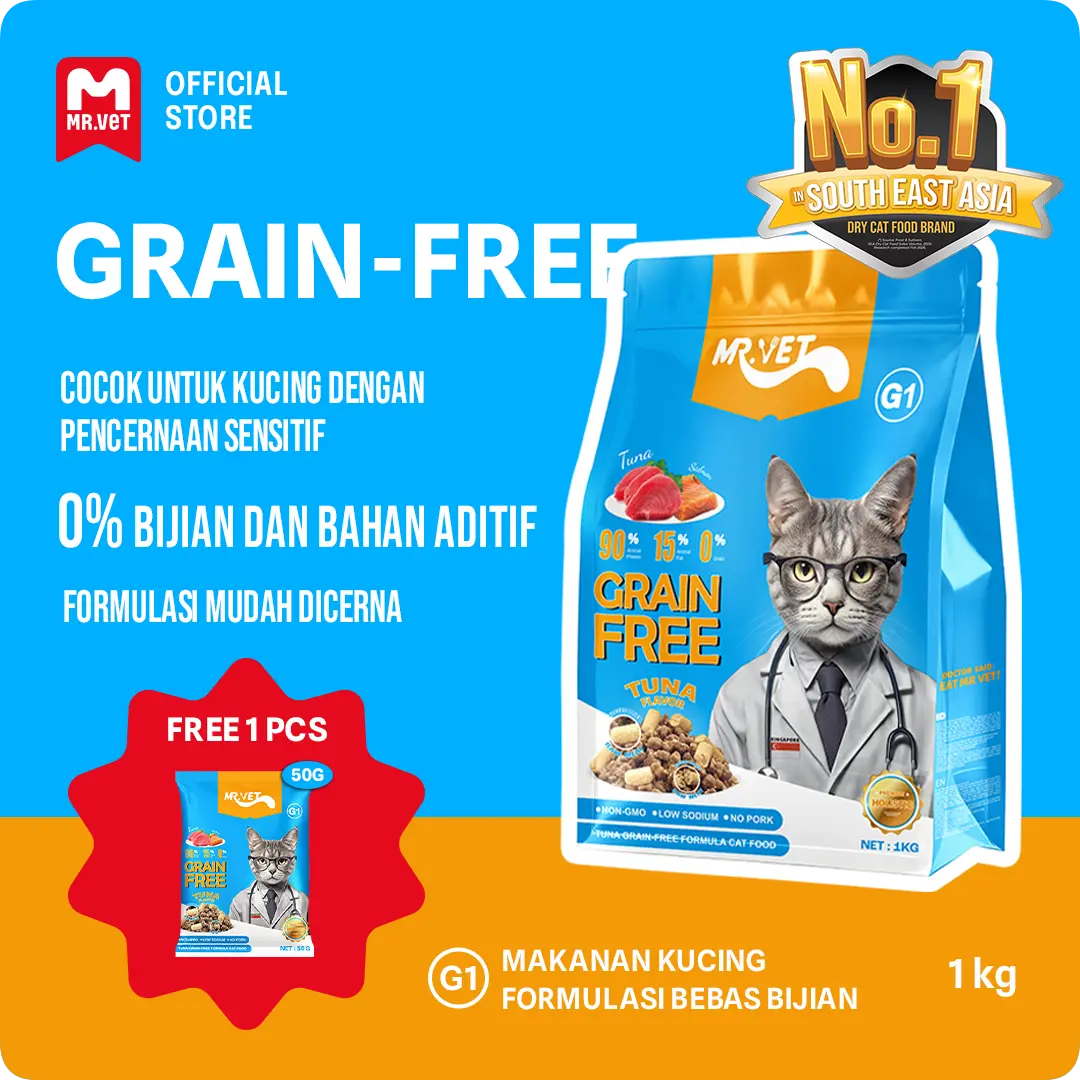Mr.Vet GRAIN FREE - Makanan Kucing 1kg untuk mendukung pencernaan dan perkembangan menyeluruh untuk kucing【GM】