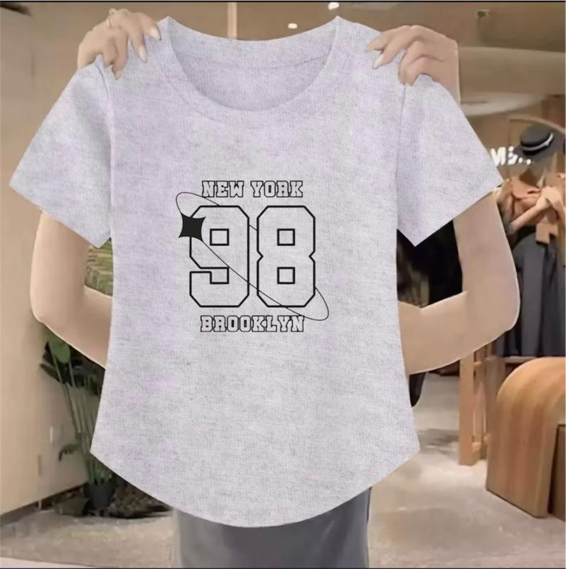 Delano_Clothing Baju Atasan Lengan Pendek Oval Motif Digital Printing Angka 98 Kaos Wanita Trendy 2025