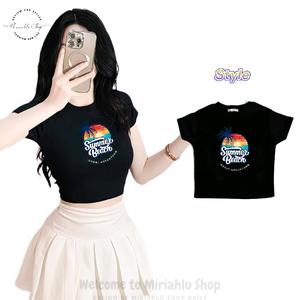 Áo Thun Croptop Basic Form Ôm Body Nữ Cổ Tròn Tay Ngắn In Hình Hè 2025 Summer Beach, Kích Cở S M L, Women Sò Sen Hoa Sen Dáng Ngắn Thun