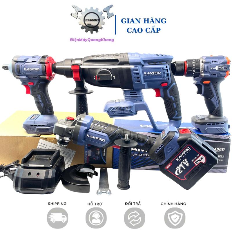  ComBo KAMPRO Máy Mài K96100PRO Khoan Bê Tông K9626  Máy Siết Bulong K888  Máy Khoan 10Li K21pro  Kèm Pin 20Cell Sạc - Động Cơ Không Chổi Than Chân Pin Phổ Thông 