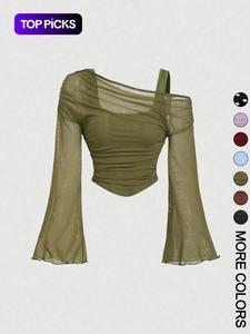 Camiseta casual de corte ajustado con hombro caído para mujer, top de otoño cómodo y a la moda, ropa elegante para damas para uso diario