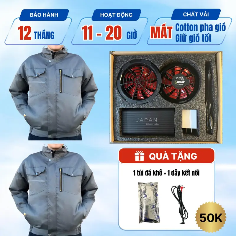 [2 ÁO + 1 BỘ PHỤ KIỆN JAPAN] Combo Áo nắng Điều hòa 2025, Áo quạt gió điều hòa  Pin dung lượng cao sử dụng lên tới 18 tiếng, làm mát, bảo vệ sức khỏe nam,nữ người lao động ngoài trời nắng nóng. 7
