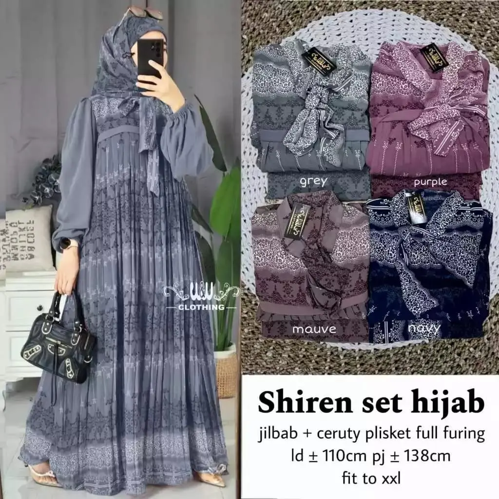 Shiren Set Hijab 2 LD 110cm Setelan Plisket Dress+Jilbab Modern Bahan Ceruty Plisket Full Furing Motif Mewah Cantik Resleting Belakang Baju Pesta Pernikahan Gamis Lebaran Best Seller Muslim