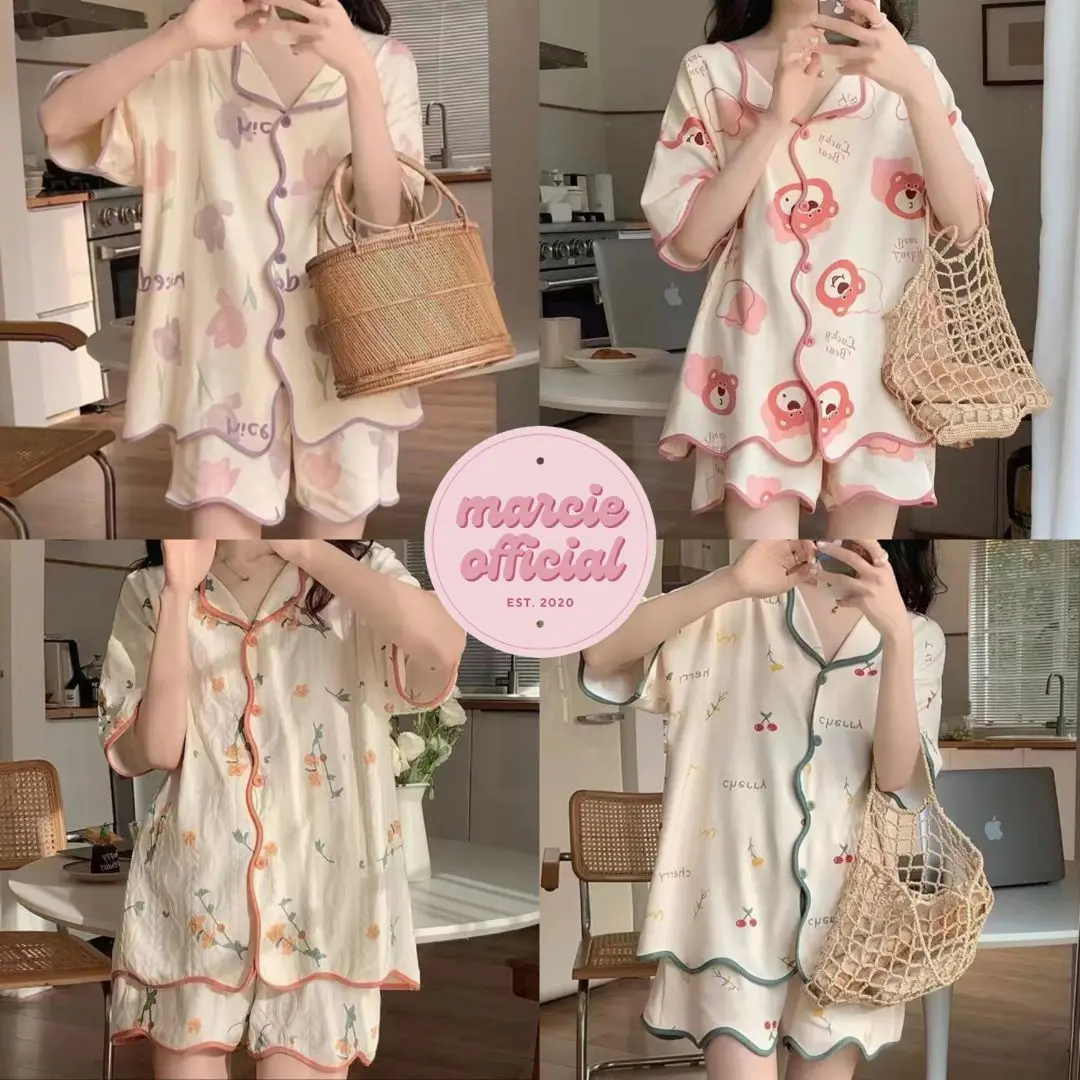 Baju Tidur Wanita Piyama Lengan Pendek Celana Pendek Setelan Tidur Dewasa Remaja Setelan Baju Tidur Wanita
