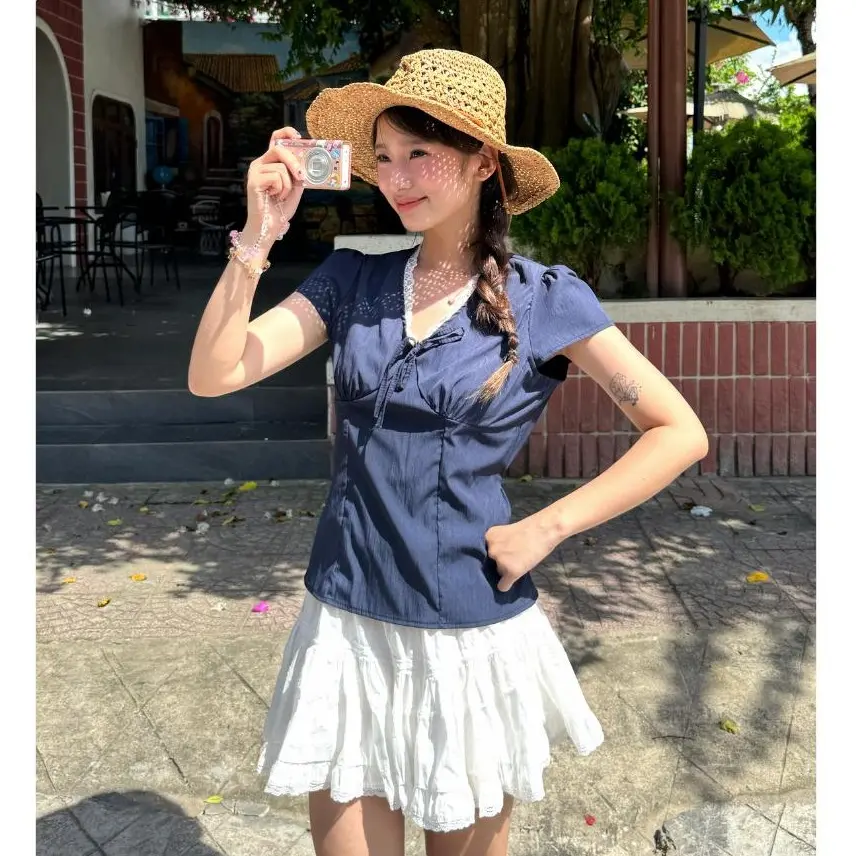 Áo kiểu nữ cổ tim phối ren thắt nơ ngực buộc eo sau lưng freesize chất liệu gió lụa Hàn babydoll dễ mặc cho mùa hè – A554 - 29feb.closet | BigBuy360 - bigbuy360.vn