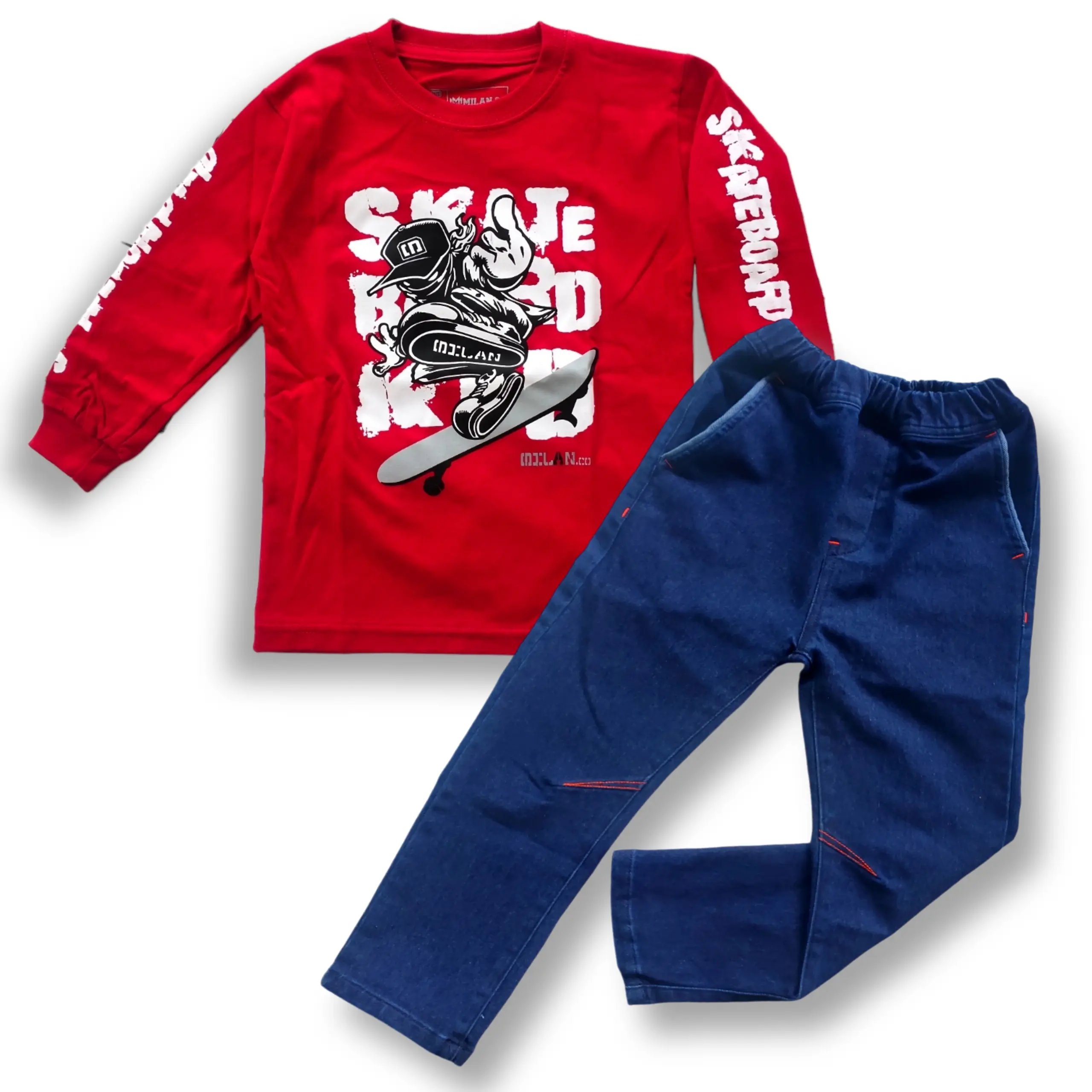 Setelan anak laki laki 3,5-14 tahun lengan panjang bahan cotton combed 24s Katun Denim