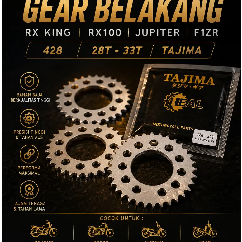 GEAR/GIR BELAKANG RX KING RX100 JUPITER F1ZR 428 28T 29T 30T 32T 33T SILVER TAJIMA