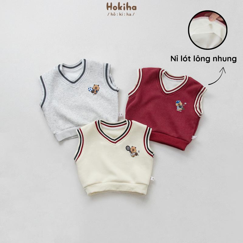 [Hokiha] A213 -Áo gile nỉ lót lông nhung viền dệt kim cho bé hình capybara dễ thương vải nỉ dày dặn, ấm áp size từ 8-17kg