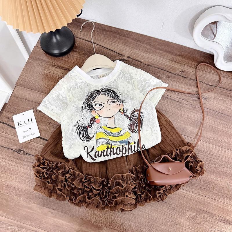 [MeoKids] D62 - Set Bộ Áo Ren Thêu Hoa In Hình Cô Gái Phối Chân Váy Bèo Xinh