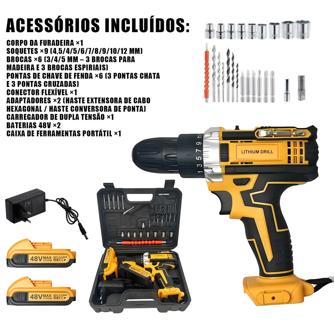 Parafusadeira Furadeira 48V 2 Baterias Com Maleta e Acessórios Completo