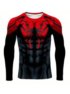 Camiseta para hombre de ajuste ceñido con manga larga y diseño de araña de dibujos animados para juego de rol, top deportivo elástico para fitness, estilo casual de ajuste holgado para uso en todas las estaciones