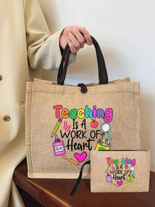 1 pieza de Bolso de mano de lino con impresión 'Maestra', Cartera de monedas de lino, Bolsa de compras con forma de bloque, Regalo para maestra, Bolso de mano de gran capacidad para mujer, ideal como bolsa de compras.
