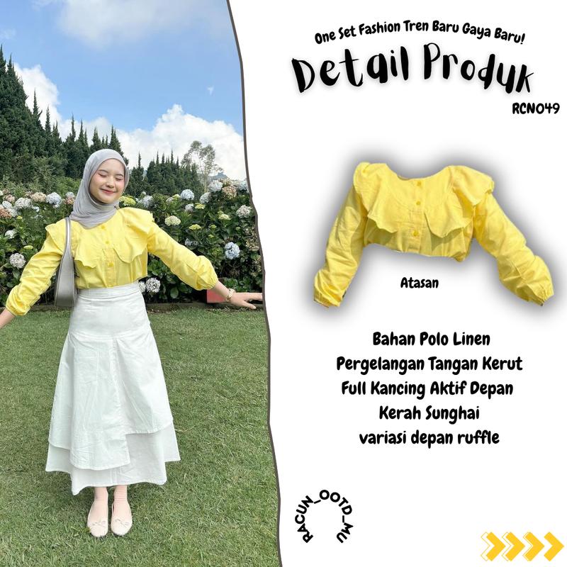 Setelan OOTD Kekinian 3in1 Style Korea Wanita Baju Blouse Ruffle & Rok Susun Mekar dengan Hijab Muslim Atasan 2