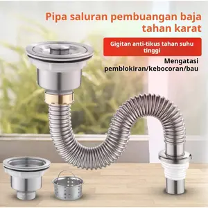 Selang pembuangan wastafel stainless steel, set pipa pembuangan stainless steel 304, anti-tikus
