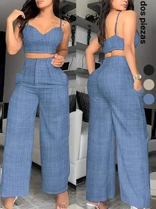 Conjunto de dos piezas para mujer en color sólido con top corto camisola y pantalones de pierna ancha, moda casual cómoda para uso diario y al aire libre, ropa de verano para damas