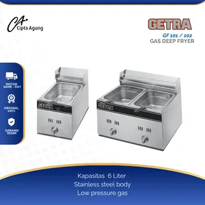 GETRA GAS DEEP FRYER LOW PRESSURE PENGGORENGAN 1 - 2 TUNGKU GF-101 G GF101G GF 101G GF101 GF 101 G 1 TUNGKU GF-102 G GF102G GF 102G GF102 GF 102 G 2 TUNGKU KAPASITAS 6 LITER PENGGORENGAN CHIKEN KENTANG POTATO BESAR GARANSI RESMI