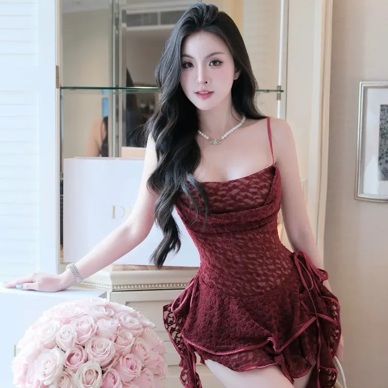 Đầm ôm xoè tầng 2 dây ren nhung phối bèo ĐEN, TRẮNG, ĐỎ RƯỢU SM