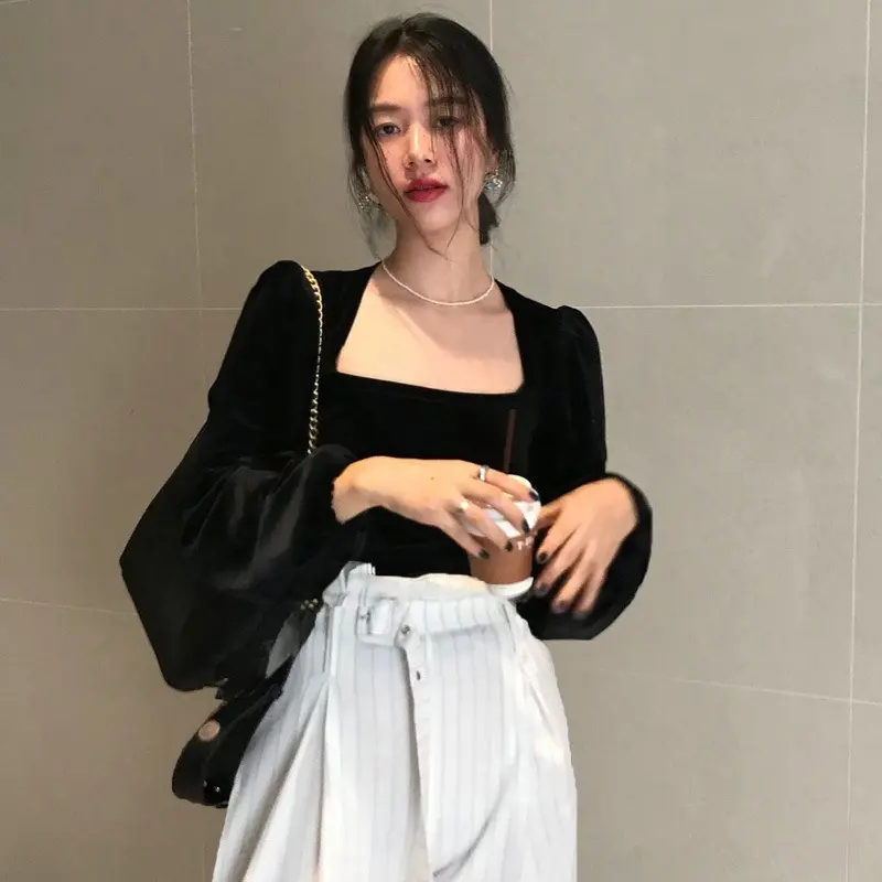 ONEFASHIONMALL SL033 Blouse Velvet Top Square Neck Long Sleeve Bluse Lengan Panjang Puff Atasan Baju Wanita 3