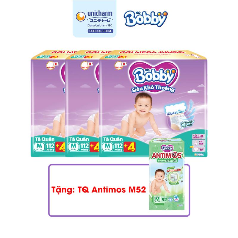 [COMBO 3-TẶNG TQ ANTIMOS] Bobby Tã/bỉm quần Siêu khô thoáng M112/L96/XL84/XXL76 (tặng miếng ngẫu nhiên)