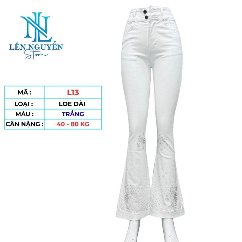  L13   Len Nguyen Store   Quần Jean  Bò  Nữ Loe Dài 96-98cm Màu Trắng Xanh Size 40kg-80kg Thiết Kế Lưng Cao 2 Nút Co Giãn Mền Mịn Bigsize Hotgirl Skinny Ống Ôm Mang Phong Cách Năng Động Trẻ Trung Tự Tin. Women Denim Pants 